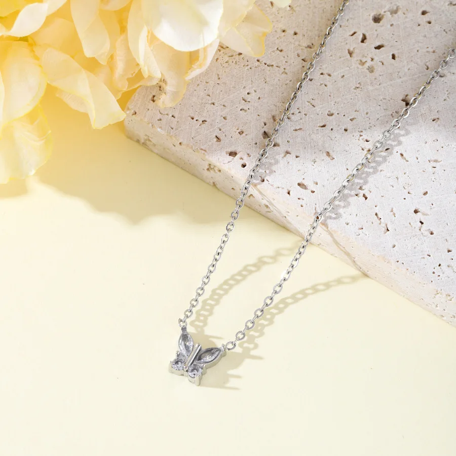 304 Stainless Steel 45+5cm Chain Zircon Butterfly Necklace Jewlery Not Fade Silver Color