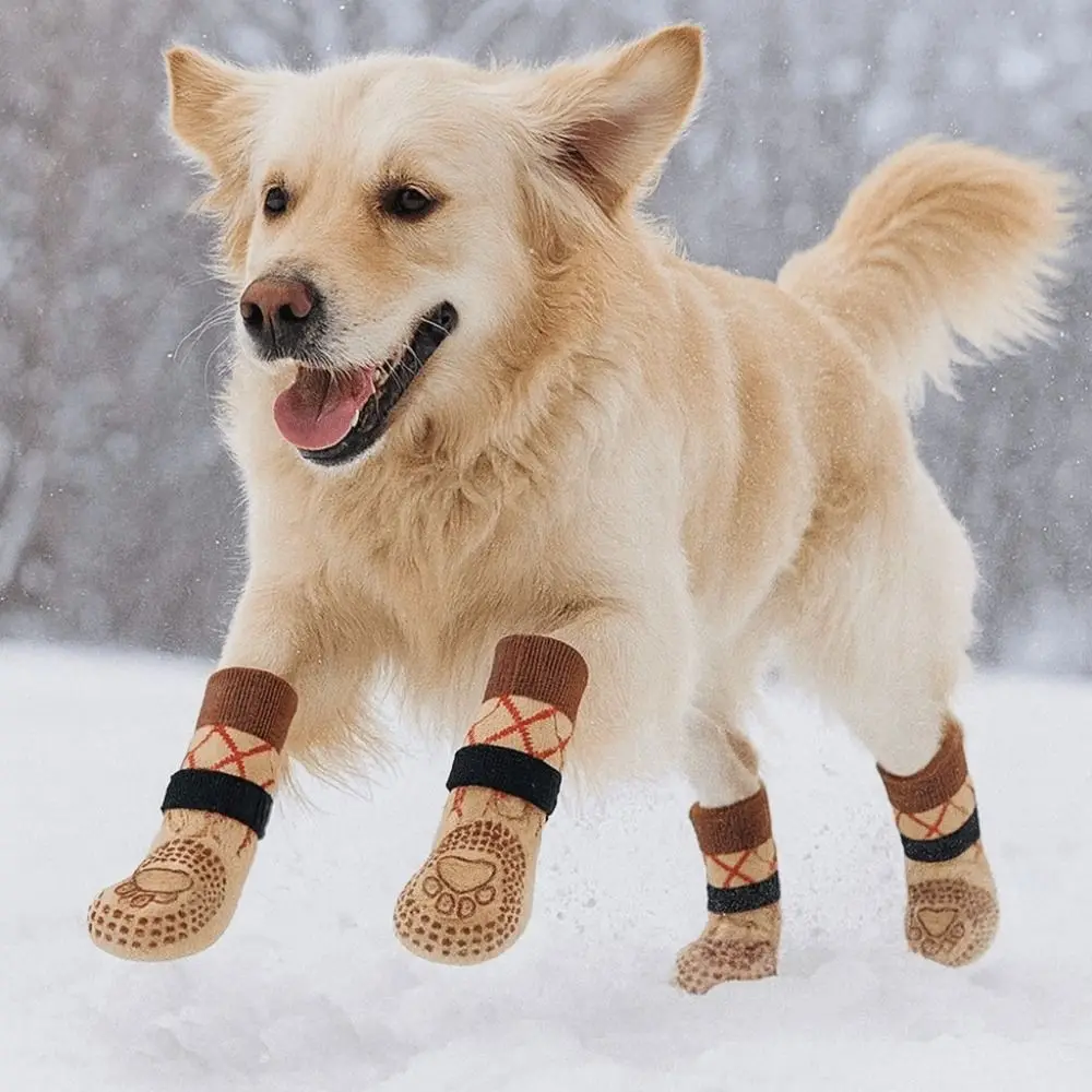 

4pcs/set Thickened Anti-Slip Dog Socks Breathable Comfortable Dog Foot Covers Adjustable Knitted Puppy Warm Sock for Puppy Dogs
