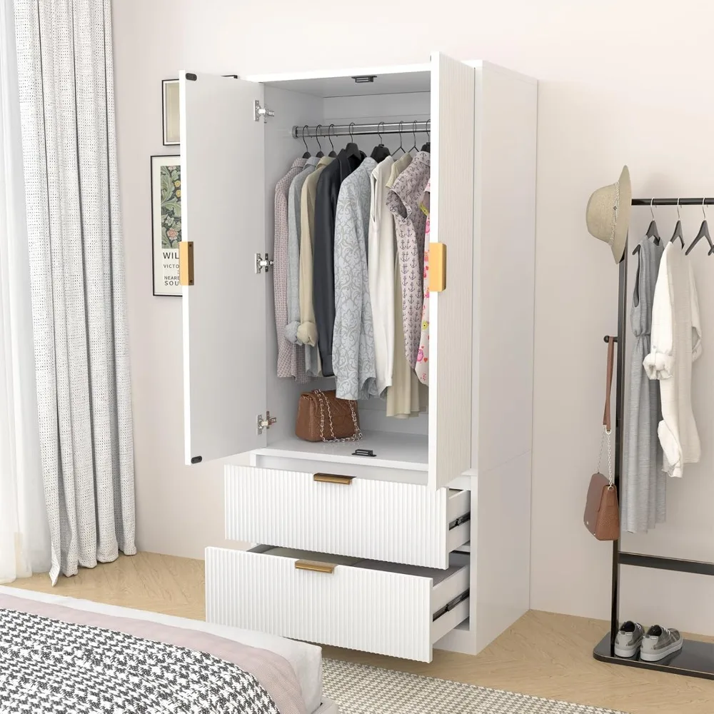 

70" Modern Wooden Wardrobe Closet – 2-Door Armoire with 2 Drawers, Hanging Rod for Clothing Storage