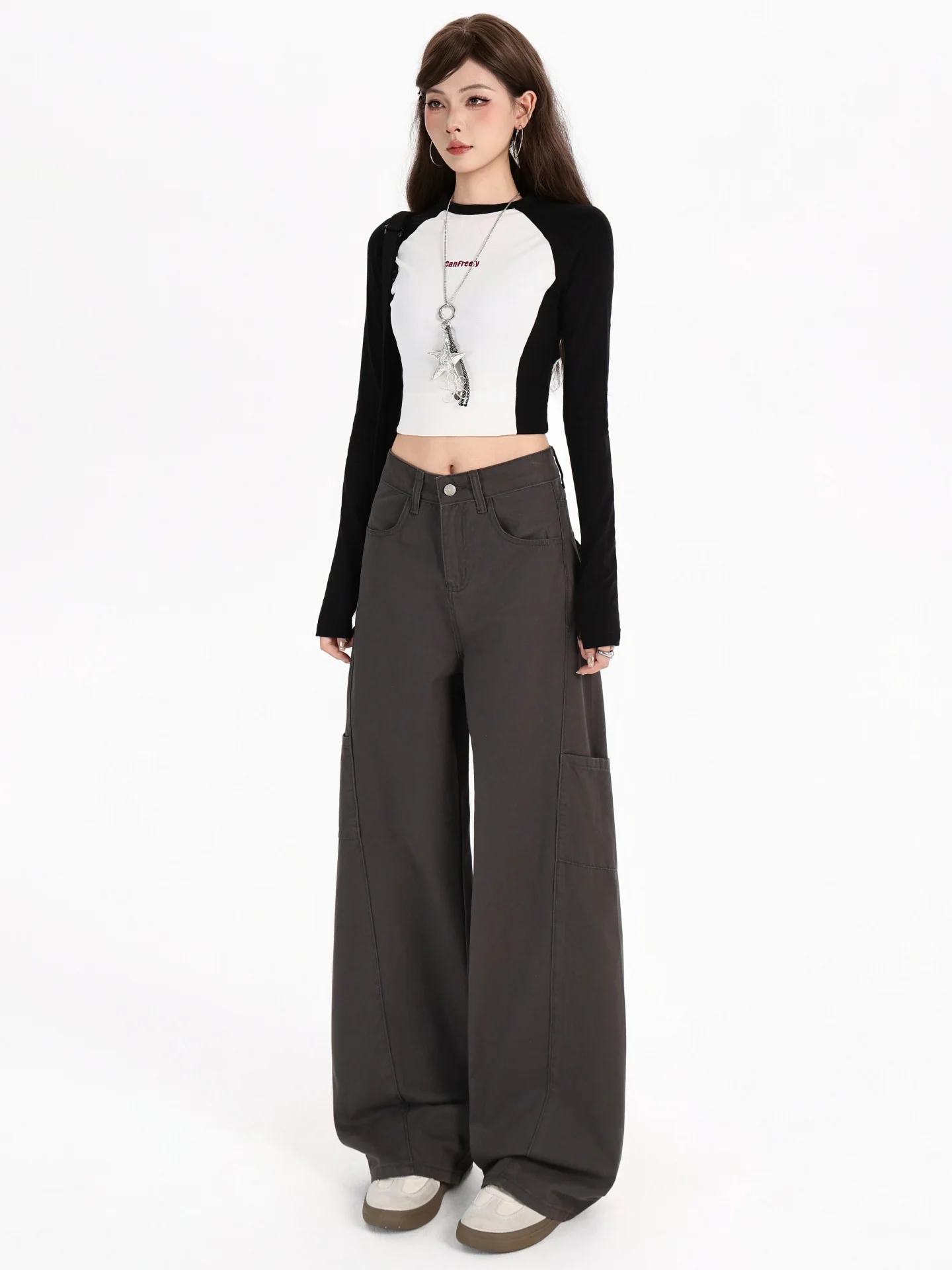 와이드 레그 워크웨어 팬츠 여성용 루즈 스트레이트 데님 진 하이웨이스트 바지 플러스 사이즈 배형 슬림 효과