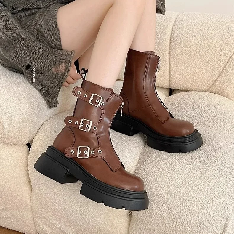 

2025 Spring New Brown Retro Thick Heel Thick Sole Mid-calf Boots Women's Fashion British Style Simple Women's Shoes