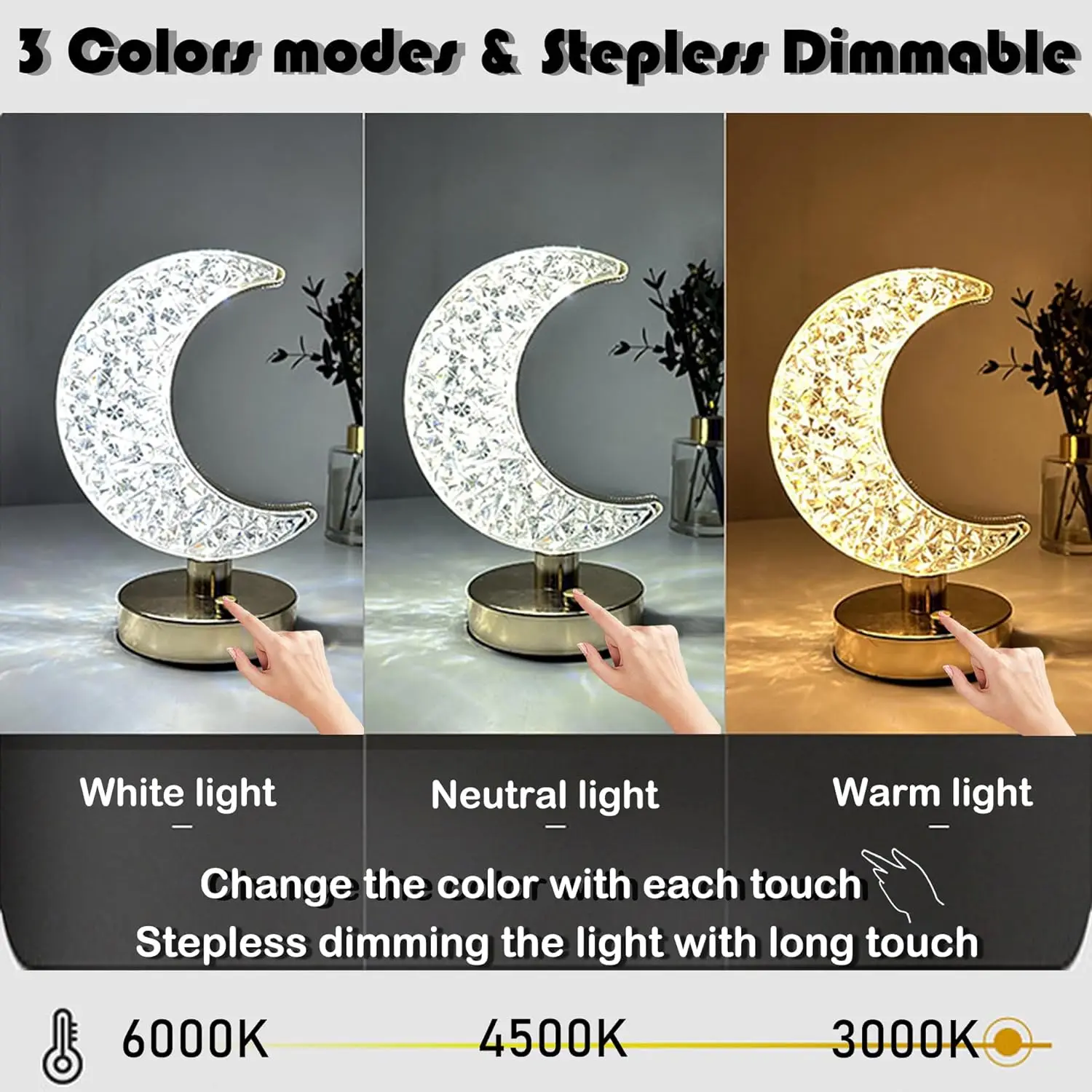 Bedside table lamp USB long touch stepless dimming 3 colour modes kindergarten night light acrylic crystal star and moon shape