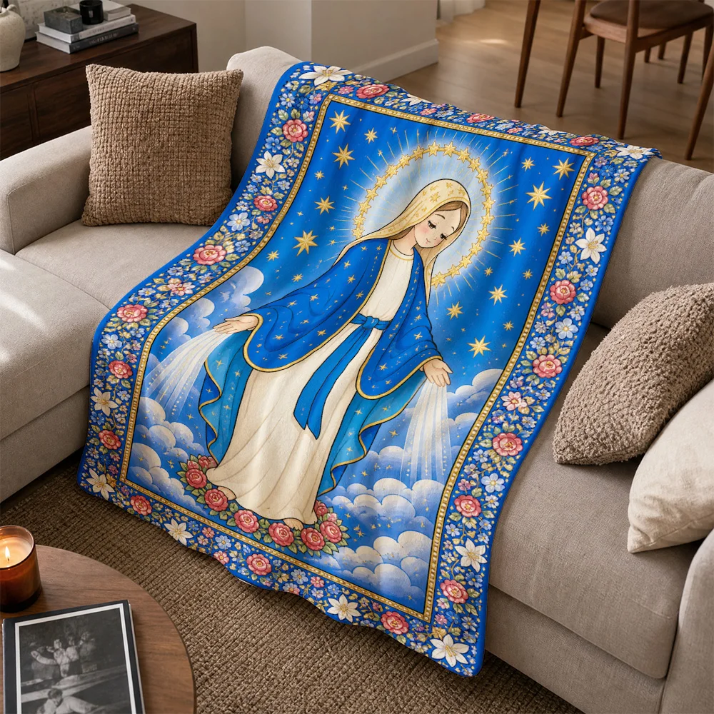 Beautiful Blue Virgin Mary Madonna Religious Sofa Throw Blanket Celestial Starry Sky Catholic Decor Couch Cover for Home Gift