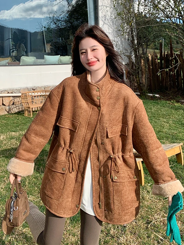 

Caramel Leather Fur Inteated Lamb Fur Jaet Women's Autumn Winter Thiened Waist-Cinching Fce-Lined Cotton Coat