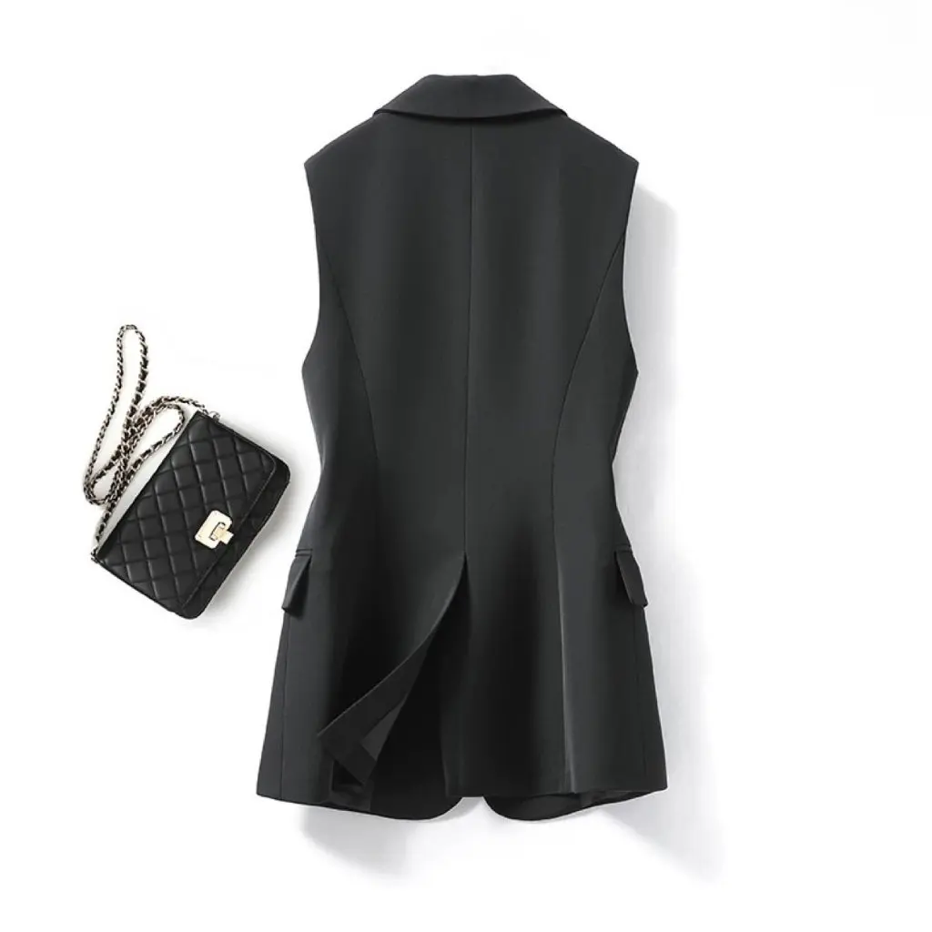 

Women's Solid Color Black Vest Collar Suit Grain Buckle Elegant Commuter Vest for Spring And Autumn