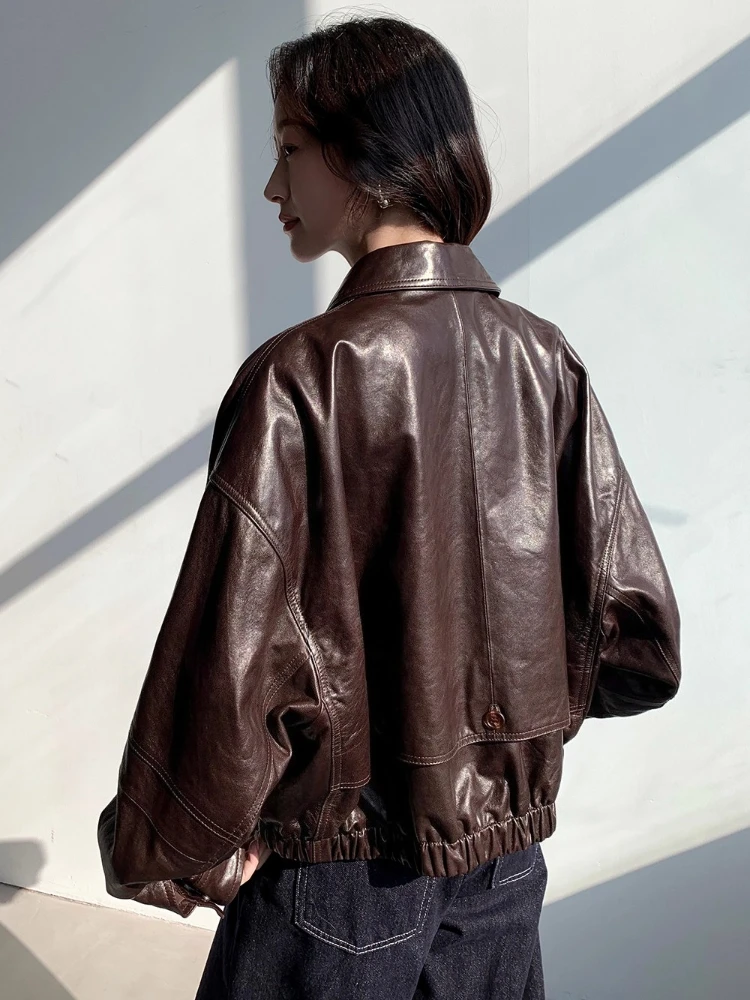 カジュアルショート本革ジャケット レディース 春秋 2025 新作 高級 シンプル 無地 ソフトオイルワックス 本革シープスキンコート