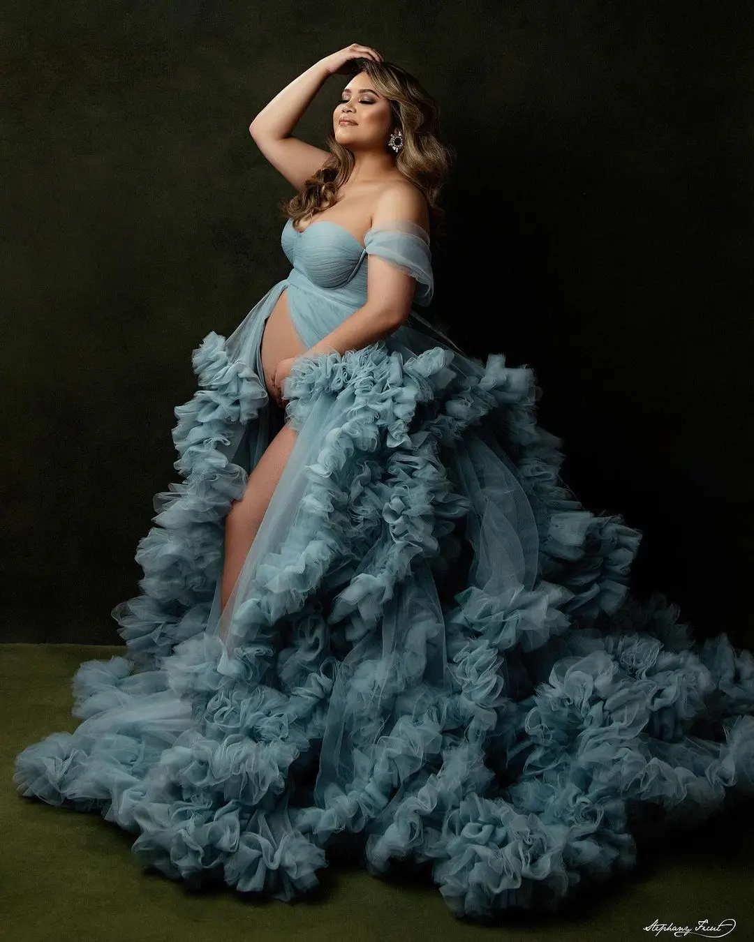 Robe longue en tulle bleu pour mère et fille, tenue de photographie à volants, vêtements de grossesse, #18732