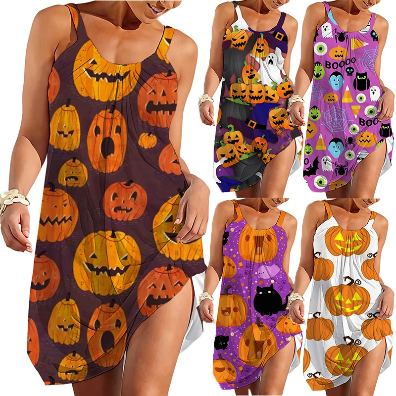 Traf Gothic Horror Ghost Halloweeen Pumpkin Vestido 3D Printed Sleeveless Beach Dresses Camisole Women's Bat Costum Y2K Hawaiian