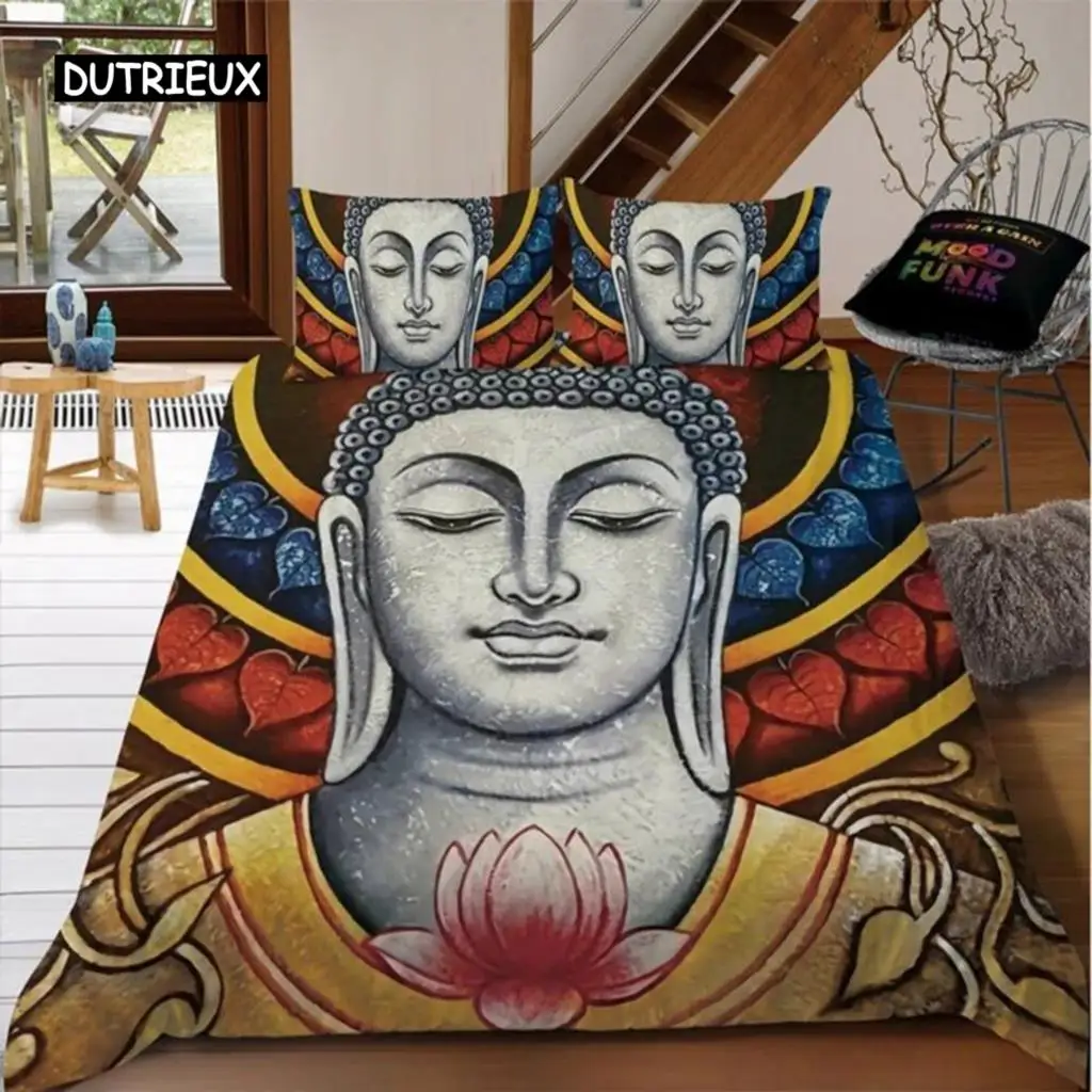 Buddha Duvet Cover Set Colorful Stone Buddha Face Twin Bedding Set For Teens Adults Queen King Double Size Polyester Quilt Cover