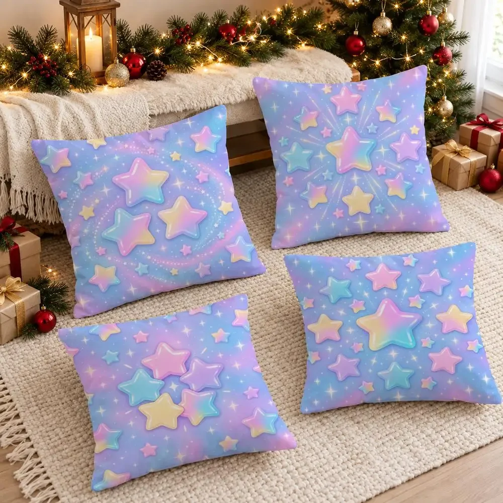 Bright Glowing Pastel Rainbow Gradient Dreamy Stars Cushion Cover Living Room Home Decor Invisible Zipper Anti-dustmite Shell