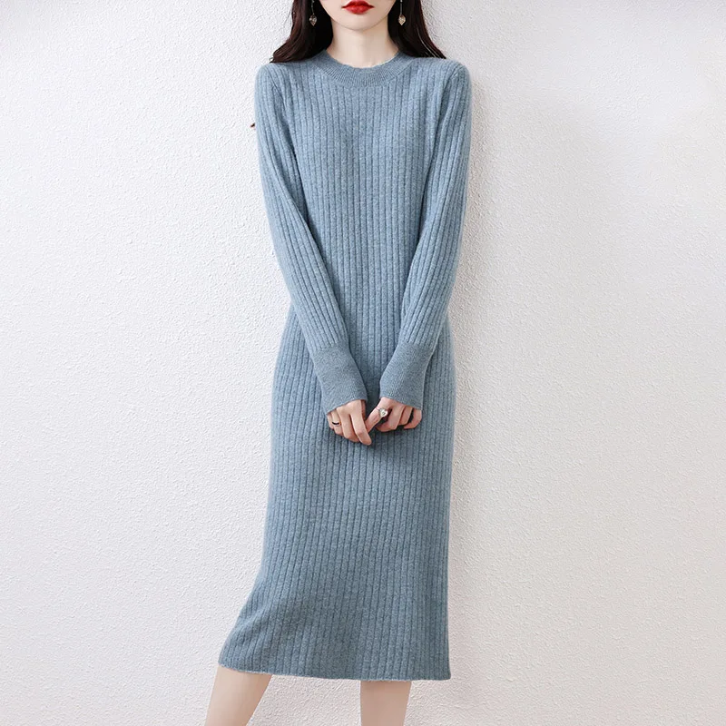 2023 Winter Cashmere Dresses Hot Sale 100% Pure Wool Knitted O-neck Sweater Women Long Sleeve Standard Knitwear