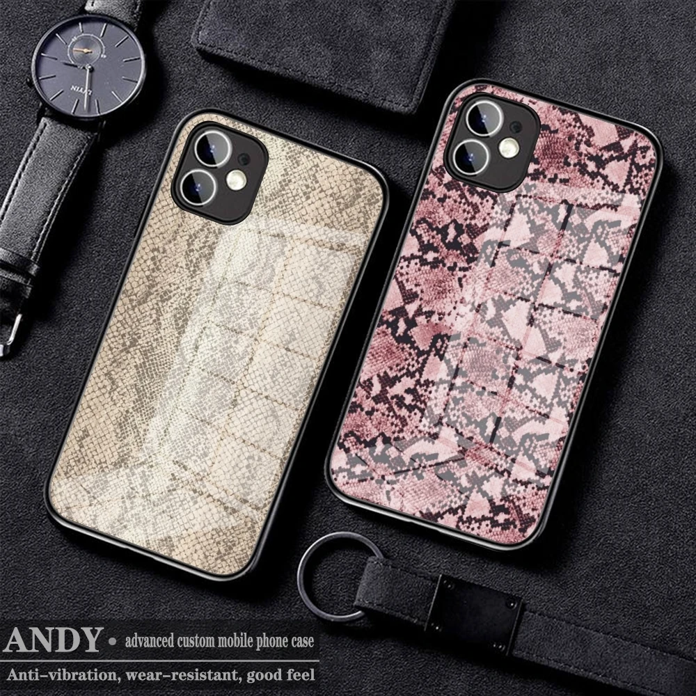 Fashion Snakeskin Pattern  Phone Case Tempered Glass FOR IPhone15  14 13 11 12 Pro 8 7 Plus X 13 Pro MAX XR XS MINI Covers