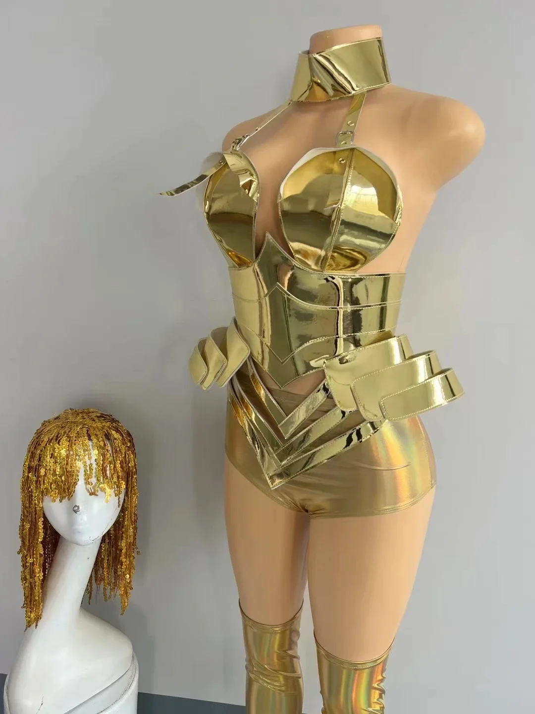 Gold Laser Leather Bodysuit Top Short Leg Cover Tassel Wigs Bar Rave DancerSinger Stage Wear Cosplay Drag Queen Sexy Costume