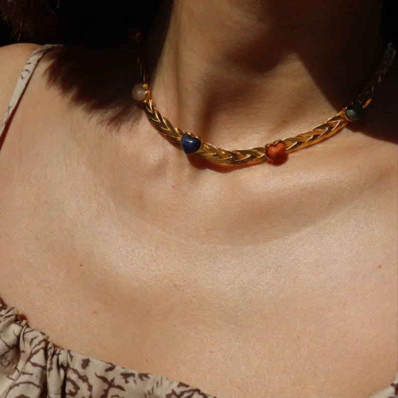 

Woven vintage multicolor crystal love heart choker chain summer colorful bracelet jewelry set for women
