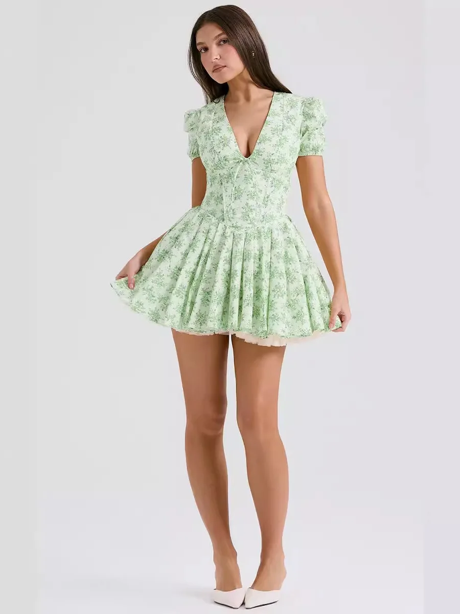 فستان صيفي بقصة ضيقة وطبعة زهور وياقة على شكل V للنساء، فستان بخصر مرتفع وتصميم فرنسي من ألياف البوليستر بتنورة على شكل حرف A