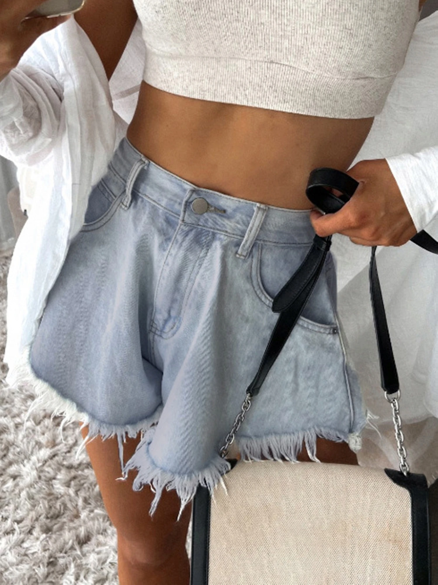 

2025 женские джинсовые шорты с высокой талией, широкий подол, свободный крой, повседневные пляжные летние универсальные свободные брюки