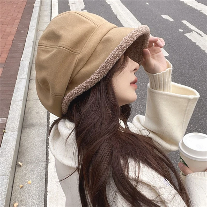 Winter Hats for Women Suede Bucket Hat Plus Velvet Lamb Hair Caps Outdoor Warm Thick Beret Wide Brim Windproof Cap Thick Hats