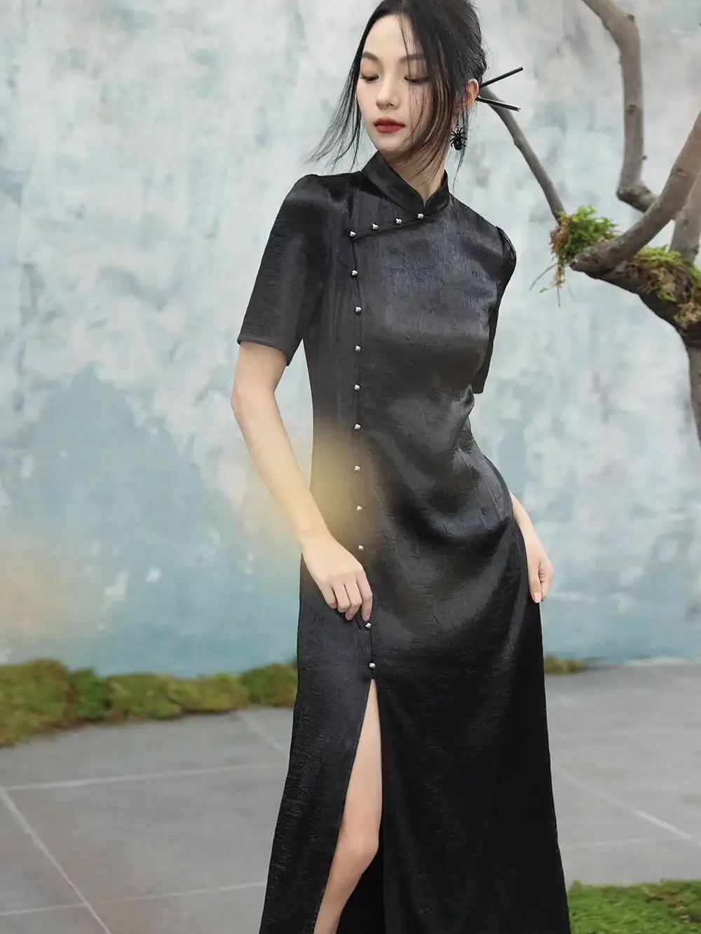 Vestido Cheongsam mejorado UMI MAO, elegante para mujer, novedad de verano, vestidos largos con abertura y manga corta con cuello levantado oscuro para mujer Y2K