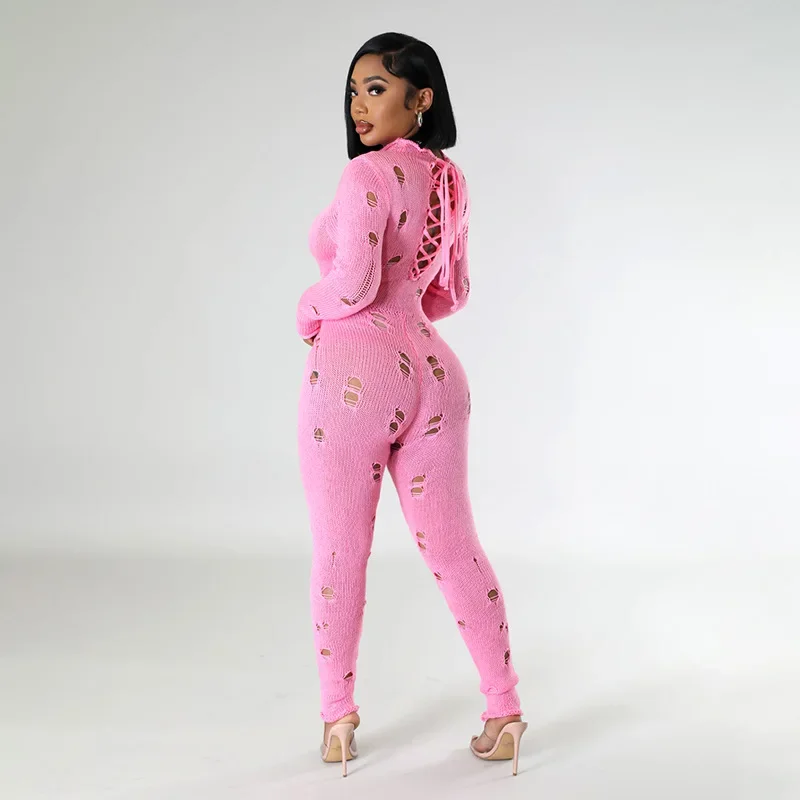 Ueteey Knit Ripped Jumpsuit Women Elastic Sexy Hipster Fall Long Sleeve Activity Streetwear Workout Tight Overalls Joggers