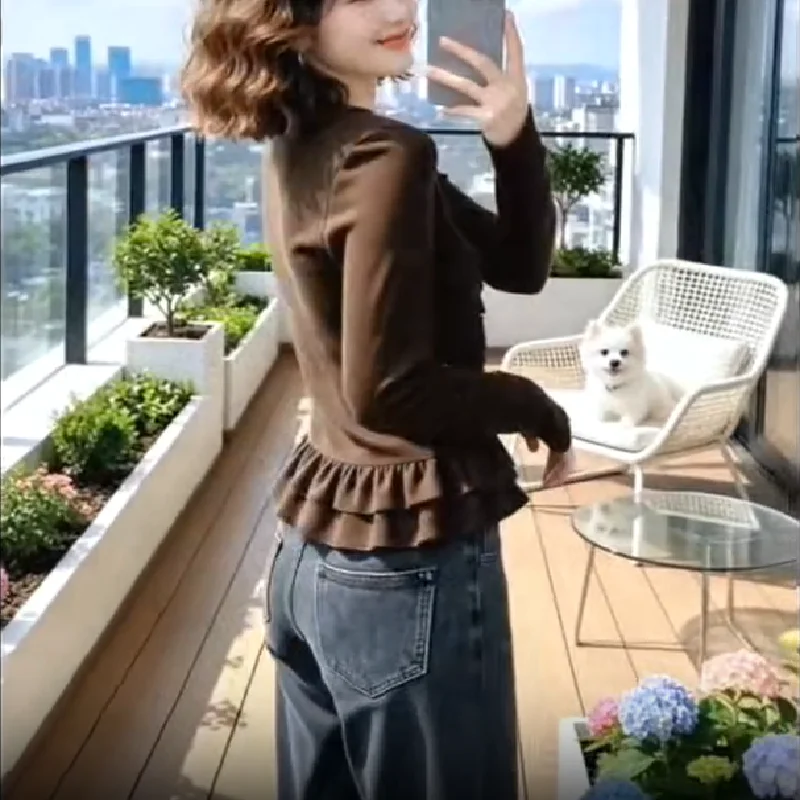 Combed Cotton T-shirt Female Blouse Fake Two-piece Tops Long-sleeved T-shirt Women's Solid Color Pullover Top Thin Tees