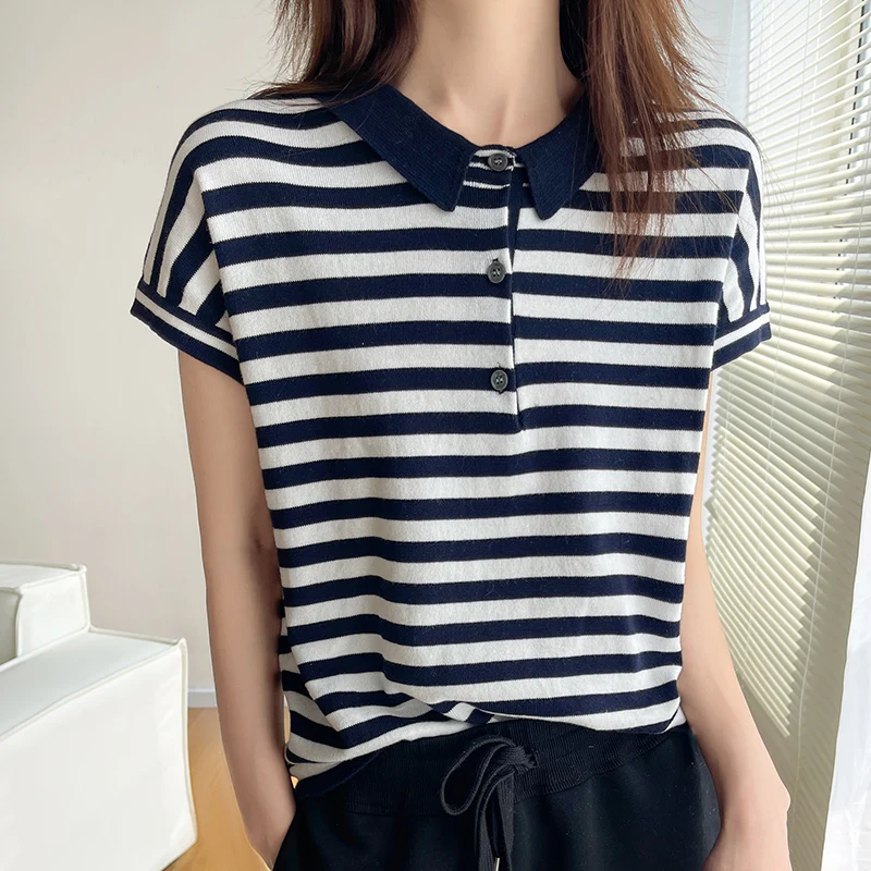 Pure Cotton Striped T-Shirt For Women Summer Thin Casual Versatile Loose Fit Wi…