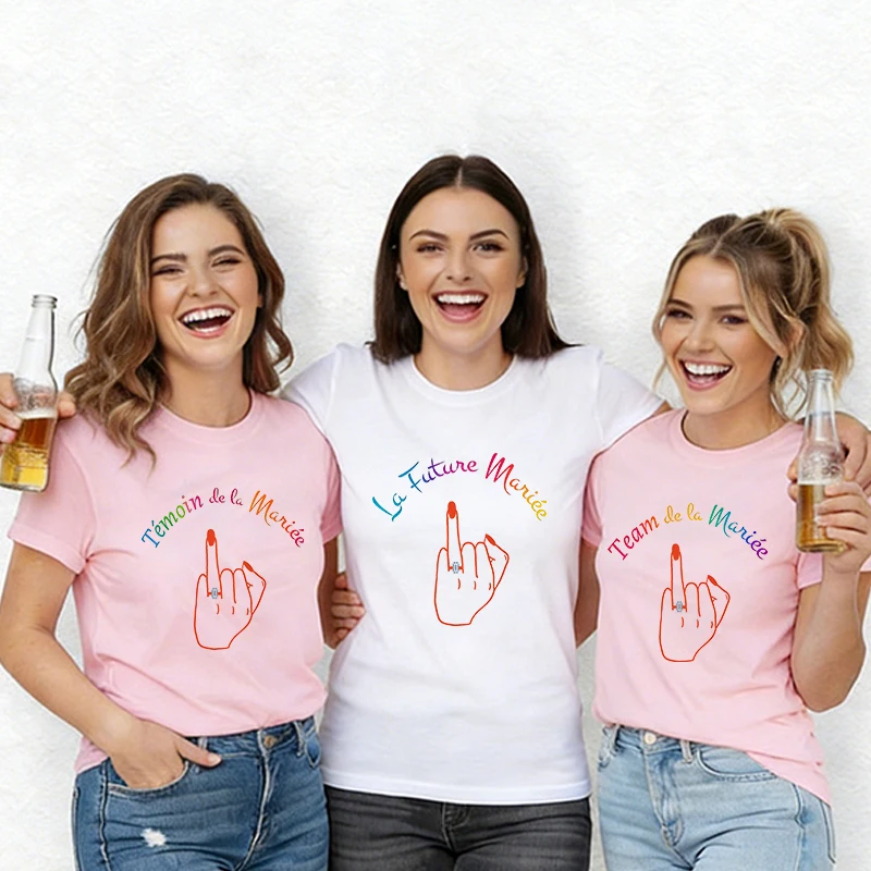Funny French Bachelorette EVJF Party T-Shirts for Women Future Bride Team Squad  Finger Ring Print Casual Short Sleeve Tops