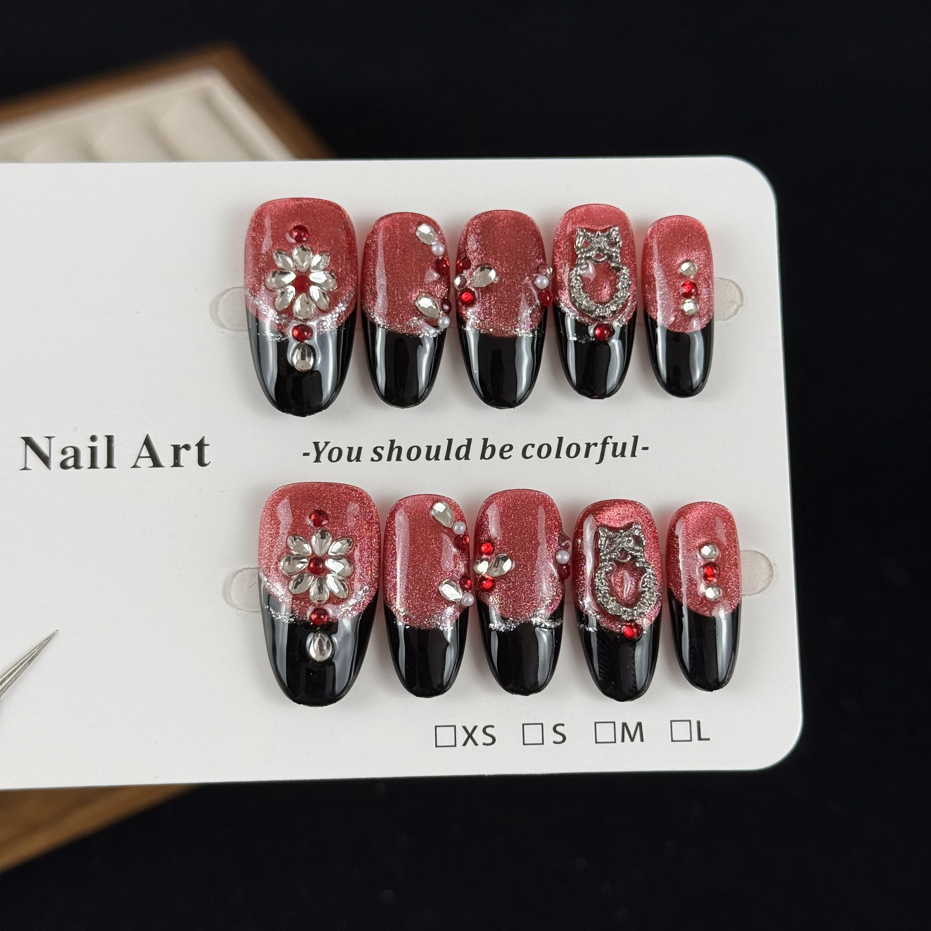10pcs high-end Elegant style design, hand-painted three-dimensional stacked diamonds, dazzling red cat's eye effect handmade fak