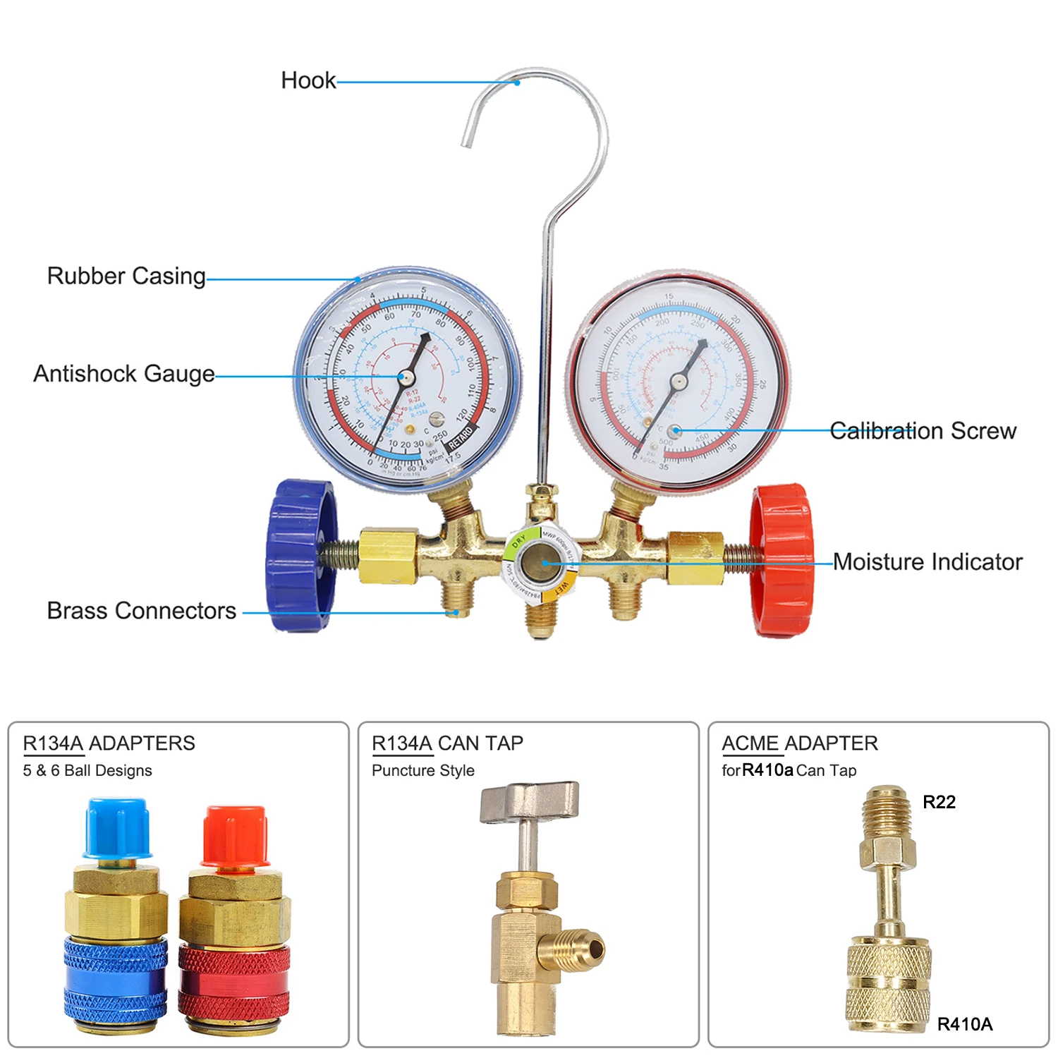 2024 Air Condition Gauge for R12 R22 R-404A R-134a Refrigerants, Manifold Gauge Manometer Valve 500psi with Visual Mirror