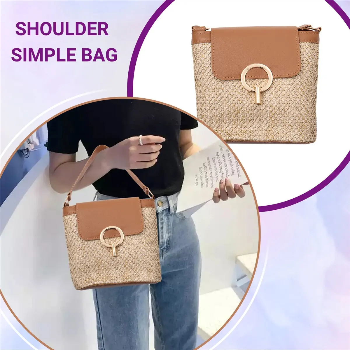 ABQR Borse a secchiello piccole in paglia per donna Borse a tracolla estive Borse da viaggio e borsette da donna Borsa a tracolla semplice da donna Marrone