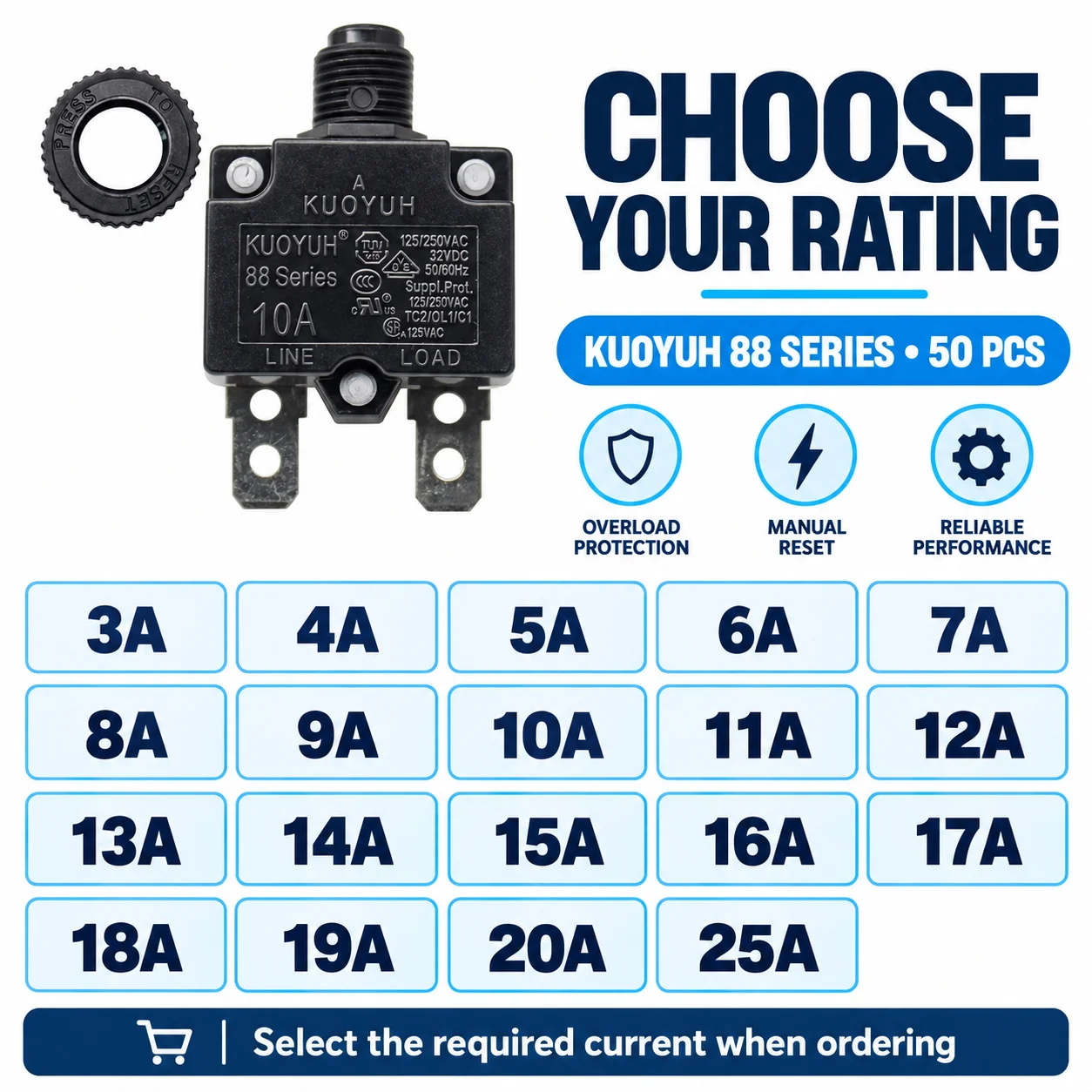 50PCS KUOYUH 88 Series Resettable Thermal Circuit Breaker Overload Current Protector 3A-25A for Electrical Equipment