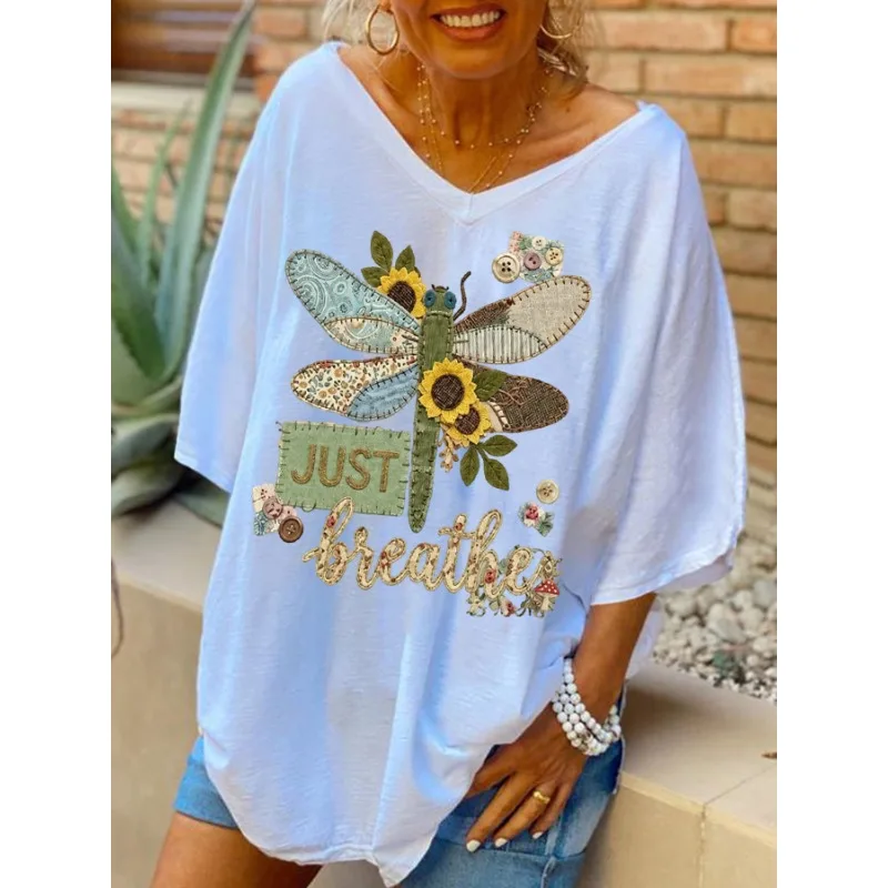 ilstile Women's Just Breathe Flower Print T-Shirts Summer Short Sleeve Casual Loose V Neck Long Tops White Black NEW