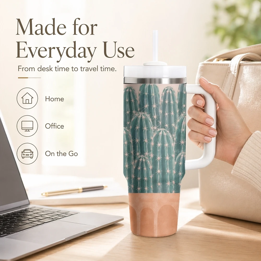 Boho Desert Cactus Vacuum Flasks 40oz Stainless Steel Insulated Tumbler with Handle Straw Leakproof Cup Daily Travel Mug