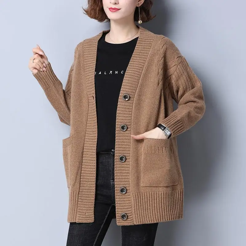 Autumn Winter Long All-match Fashion Women Sweater Coat Pockets Button Long Sleeve V-Neck Warm Loose Solid Casual Knit Cardigans