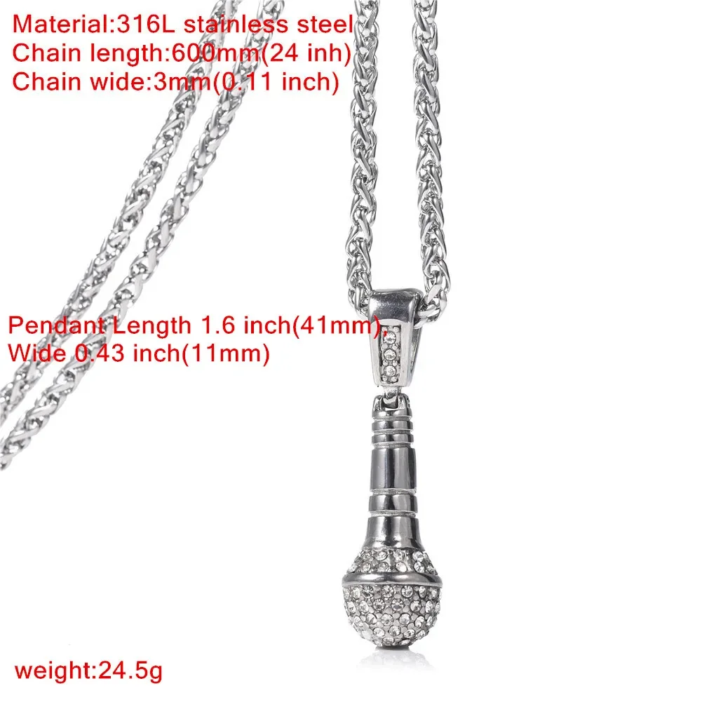 Rock Punk Microphone Pendant Necklace Men/Women Stainless Steel Micro Pave Cubic Zircon Gold Color Plated Necklace