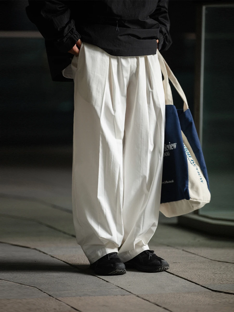 

White Workwear Loose Waist Dstring Long Trousers Men Autumn Winter Wide Leg y Functional Casual Cotton 00%