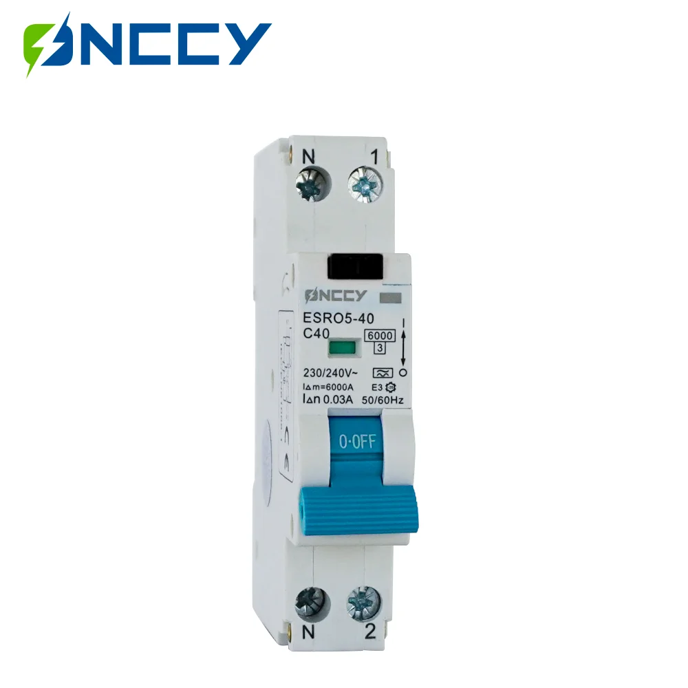 ONCCY Electronic AC Type RCBO Residual Current Circuit Breaker，1P+N 10A 20A 25A 32A 40A 30mA 100mA 300mA Safety Breaker C Curve