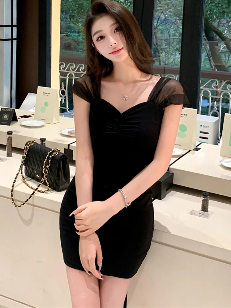 Women Pleated Bodycon Suqare Collar Mesh Sexy Short Dress Summer Black Vintage Prom Clothes 2024 Korean Dress for Special Events