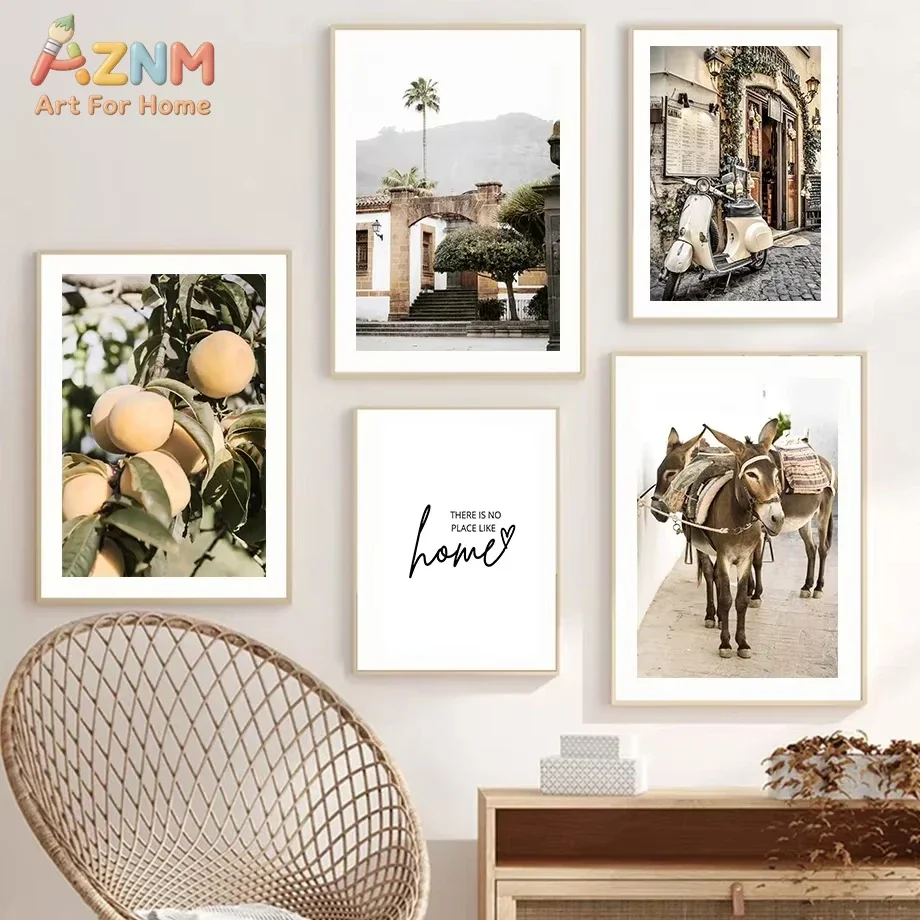 Coffee Shop Motorcycle Donkey Peach Landscape Mural Oil Painting Nordic Living Room Decoration Poster and Print Wall Painting