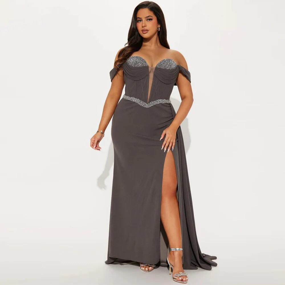 

Sexy Plus Size Dresses For Occasions Jersey Sheath/Column Evening Dress Grey Off-the-shoulder Rhinestone/Crystals Prom Gown Long