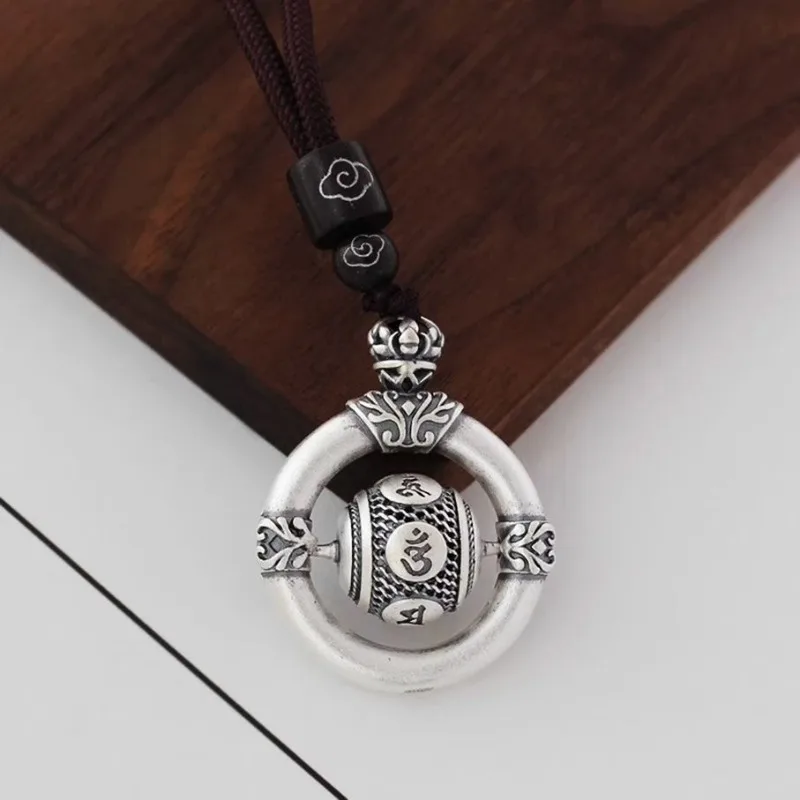 Six Character True Tale Rotating Bead Pendant Necklaces Retro Ping An Buckle Auspicious Cloud Rope Chain Jewelry Accessories