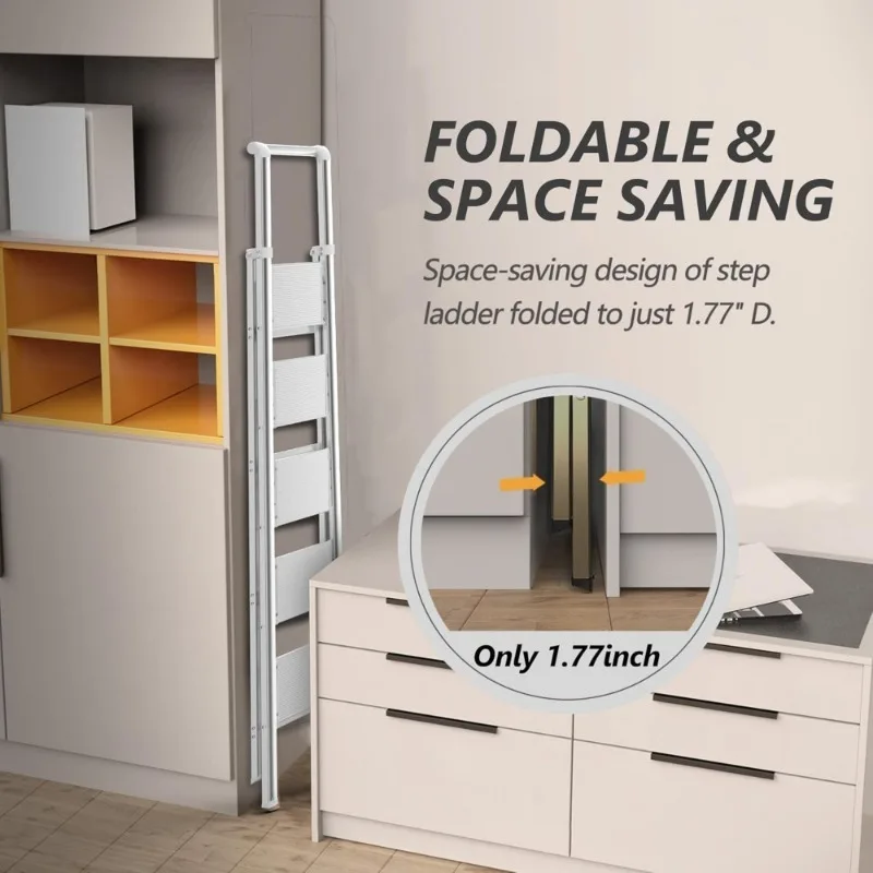 سلم ذو 5 خطوات، مقعد قابل للطي، سلم أبيض قابل للطي لسقف عالي 10 أقدام مع قوي عريض مضاد للانزلاق - توصيل مجاني #4