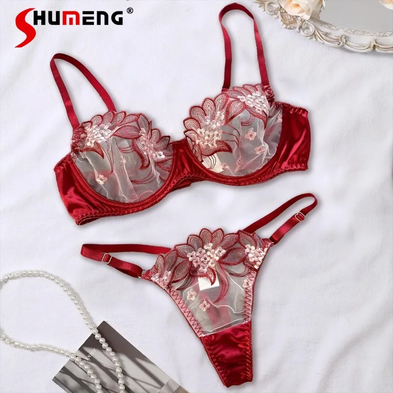 Transparent Three Point Bra Set Pure Desire Sexy Lingerie for Women Push Up Embroidered Underwear with Underwire Female
