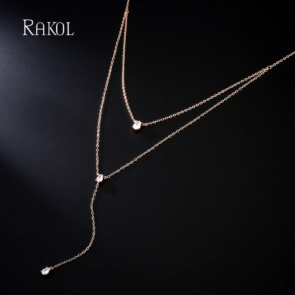 RAKOL Simple Double Layer Necklaces for Women Drop Shaped Zircon Pendant Female Beach Chest Chain Charms Jewelry