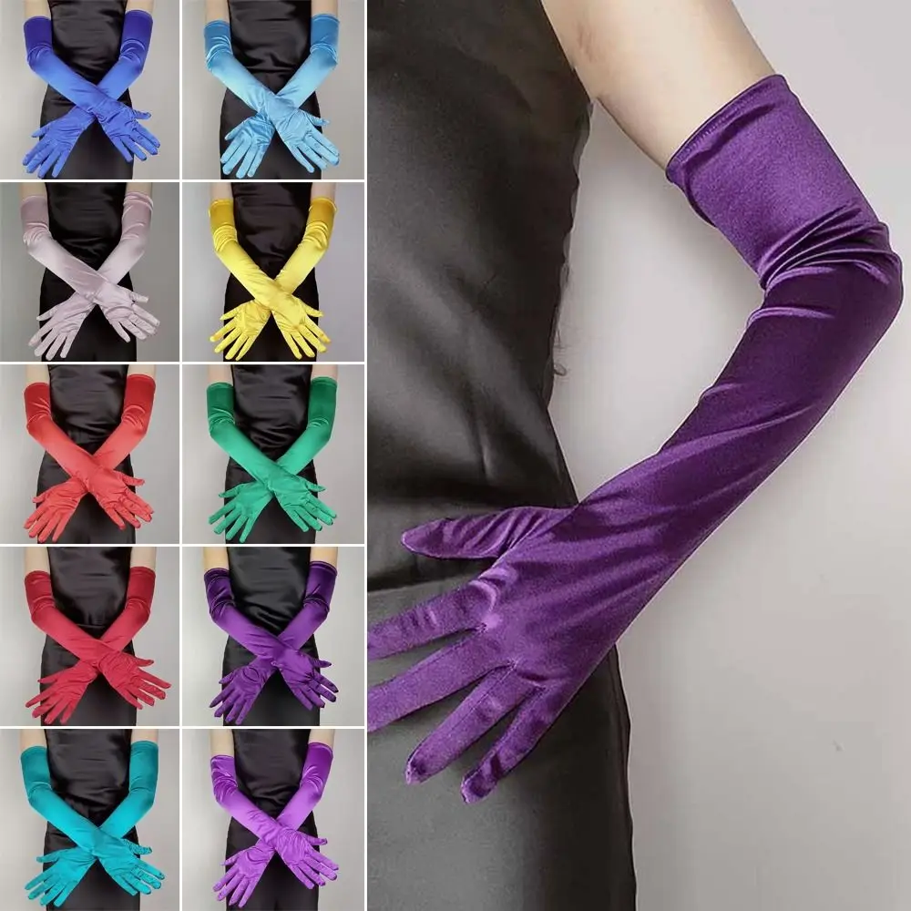 New Women's Elegant Long Satin Glove Candy Color 55CM Sunscreen Driving Glove Vintage Elastic Wedding Dress Mittens Women