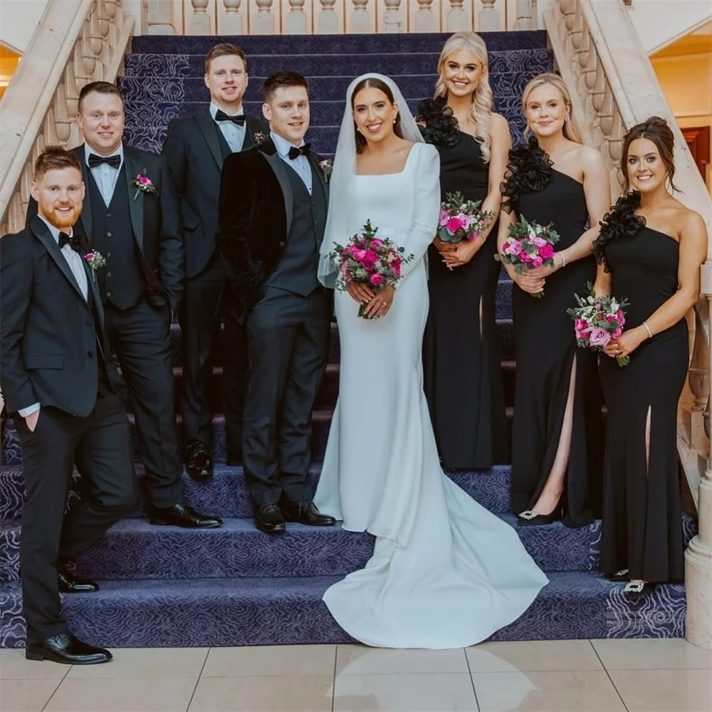 맞춤 제작된 우아한 스퀘어 칼라 웨딩드레스 클래식 긴팔 베스티도 데 노비아 심플 화이트 새틴 신부 들러리 드레스 여성용