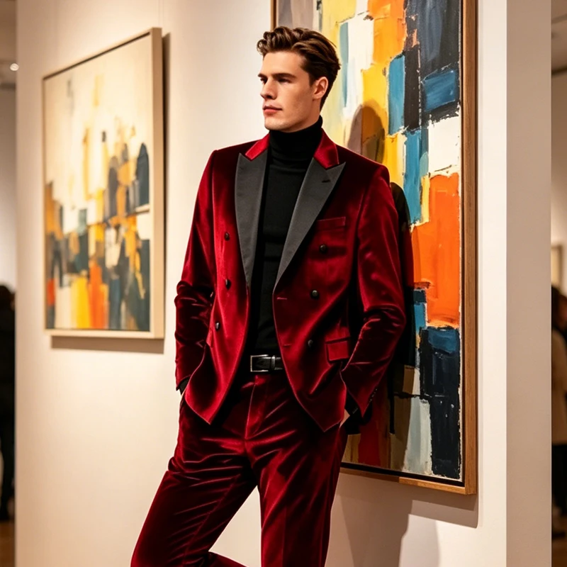 

Luxury Men Velvet Suit 2 Pieces Satin Peak Lapel Slim Fit Double Breasted Jacket Wedding Party Prom Formal Blazer Pants Set