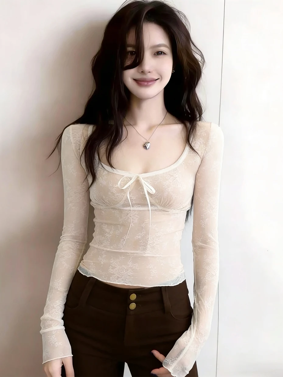 

Pure Desire Sexy Square Collar Women's Top Spring Fashion Little Fragrance Wind Knot Lace Base Shirt Inner Beauty