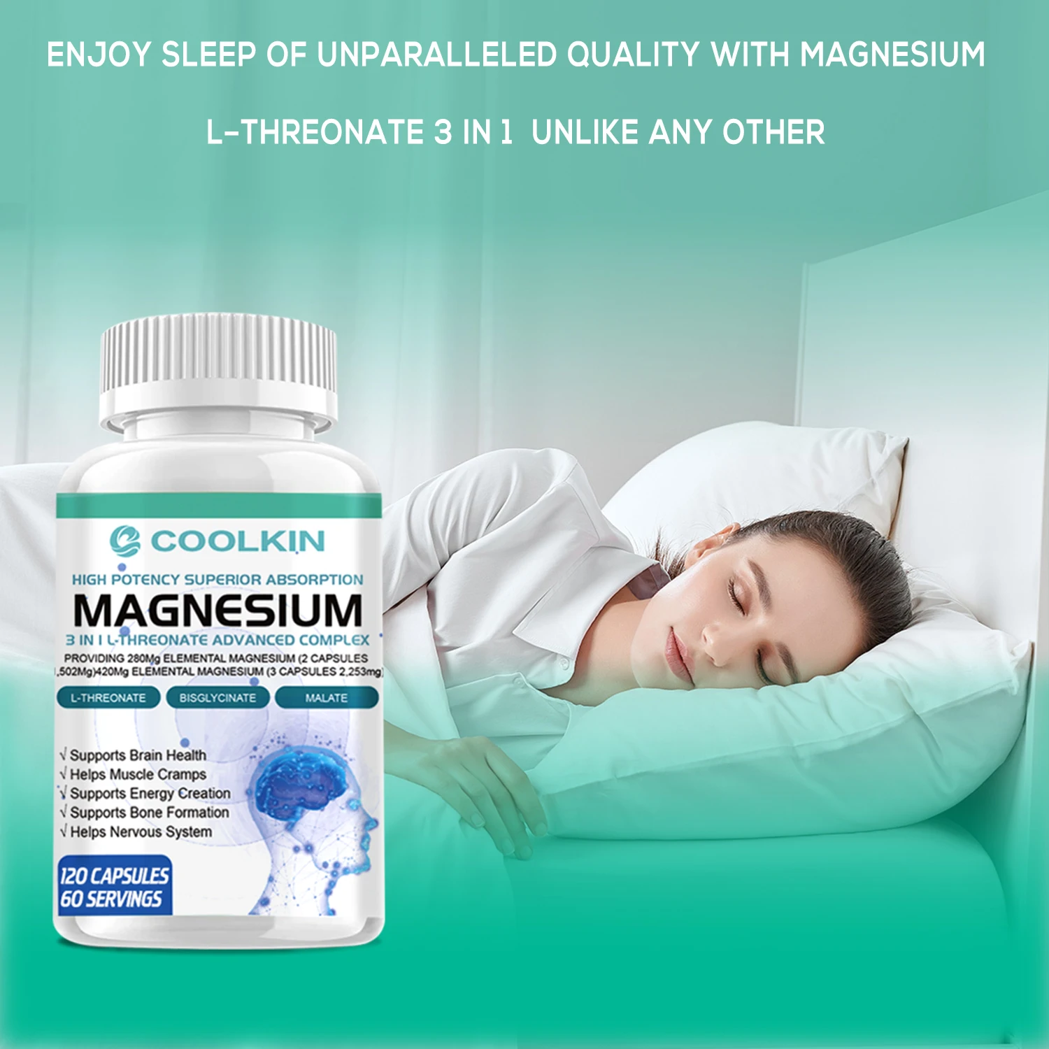 كبسولات المغنيسيوم - الدماغ، دعم العظام، تعزز الذاكرة والوظيفة المعرفية، تحسن جودة النوم - 120 كبسولة