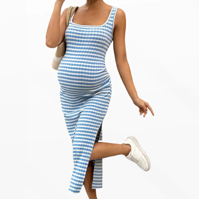 妊婦用ドレス-膝上丈-スリムフィット-伸縮性-セクシー-スクエアネック-ストライプニット-サイドスリット-ノースリーブ-ヒップハグ