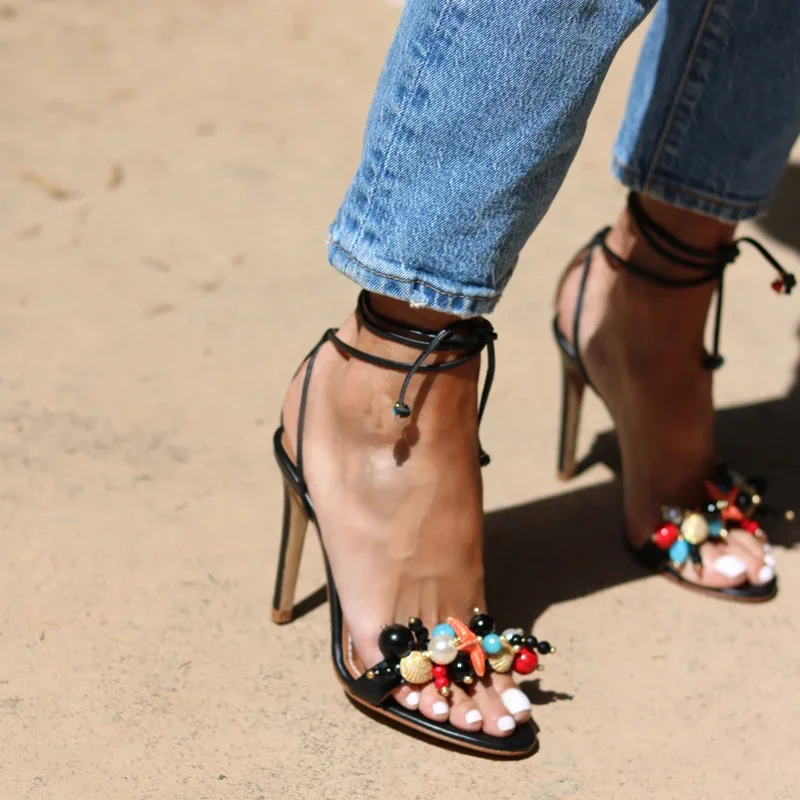 Pearl Shell Star Mixed Colors Sandals Sexy Pointed Toe Thin Heels Lace Up Customized New Arrivals Fashion Women Modern Shoes